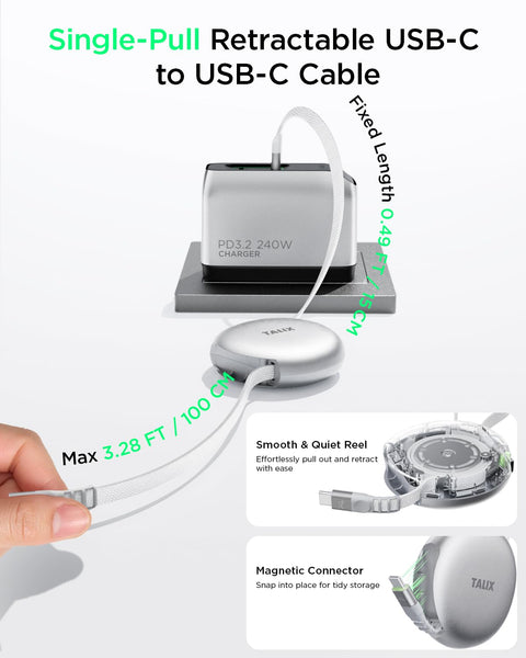 TALIX  Single-Pull Retractable USB C to USB C Cable 240W