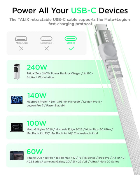 TALIX  Single-Pull Retractable USB C to USB C Cable 240W